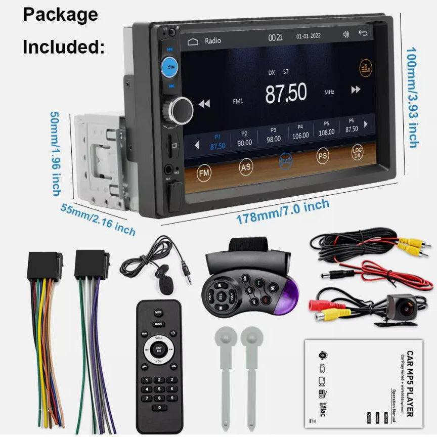 7 in Single-DIN MP5 Receiver with Wired CarPlay/Android Auto & Camera