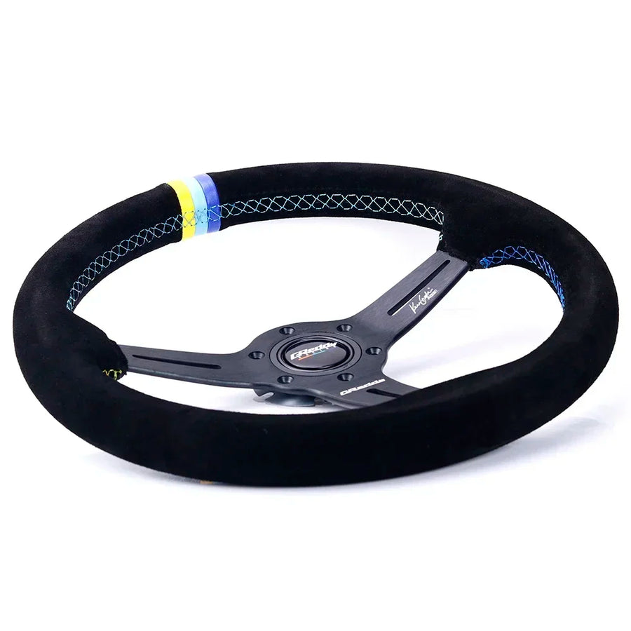 GReddy-Style 350 mm Suede & Leather Steering Wheel – Tri-Color Stitch