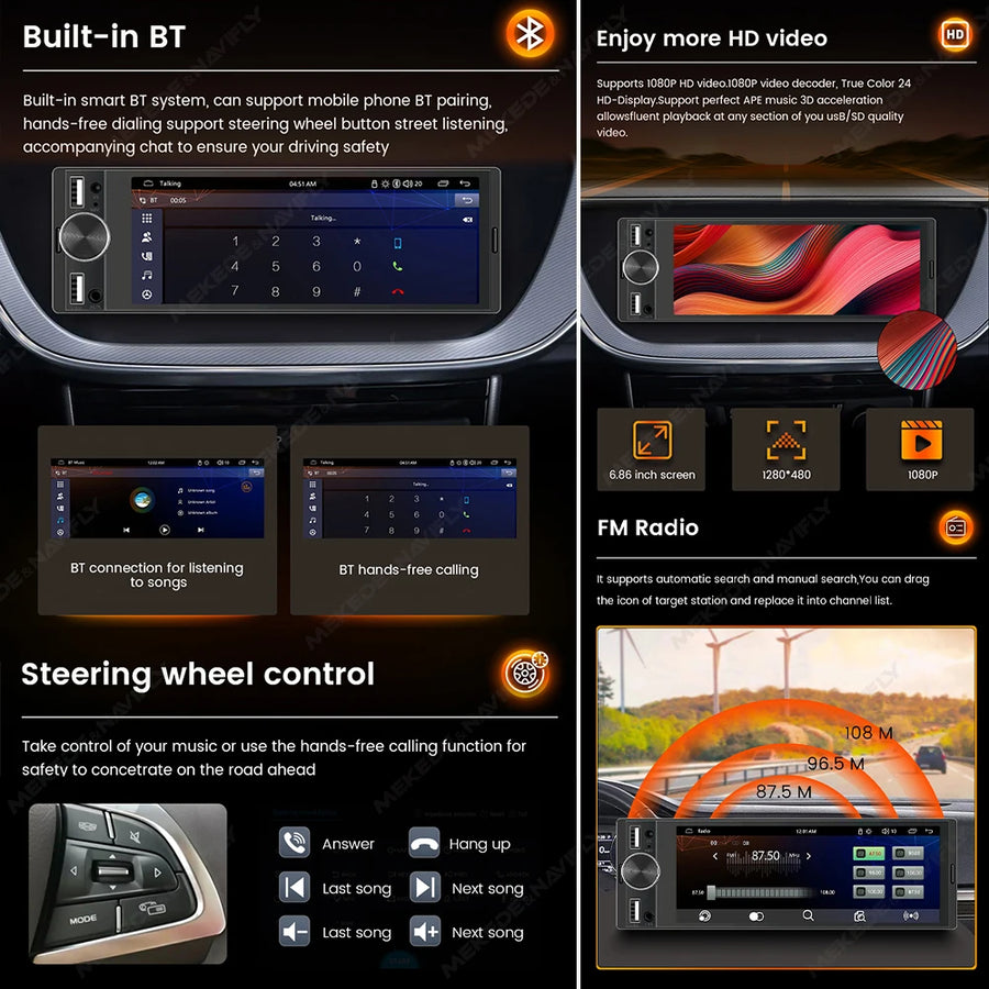 6.86-Inch 1-DIN Wireless CarPlay and Android Auto Car Stereo