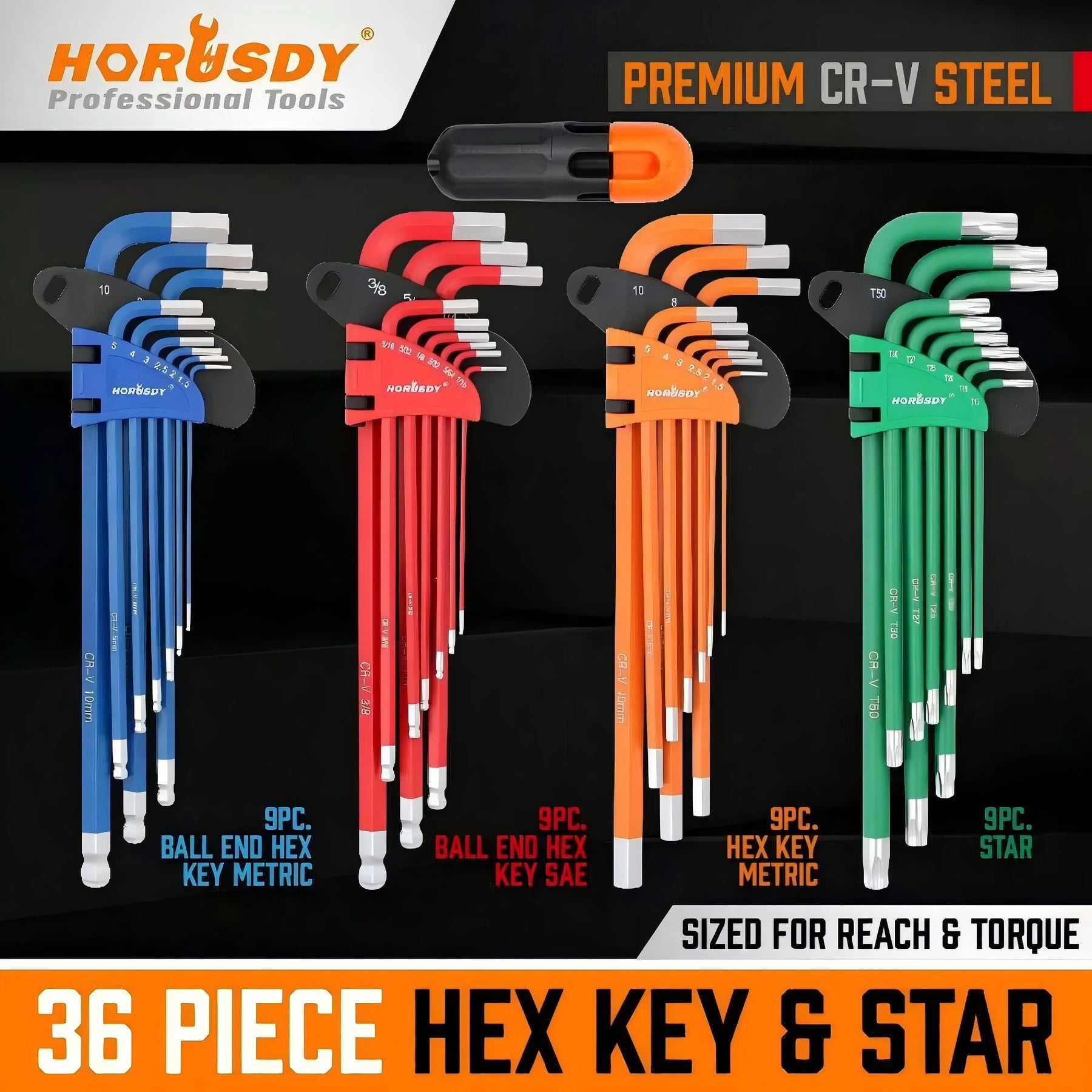 36-Piece Extra-Long SAE, Metric and Tamper-Proof Torx Key Set
