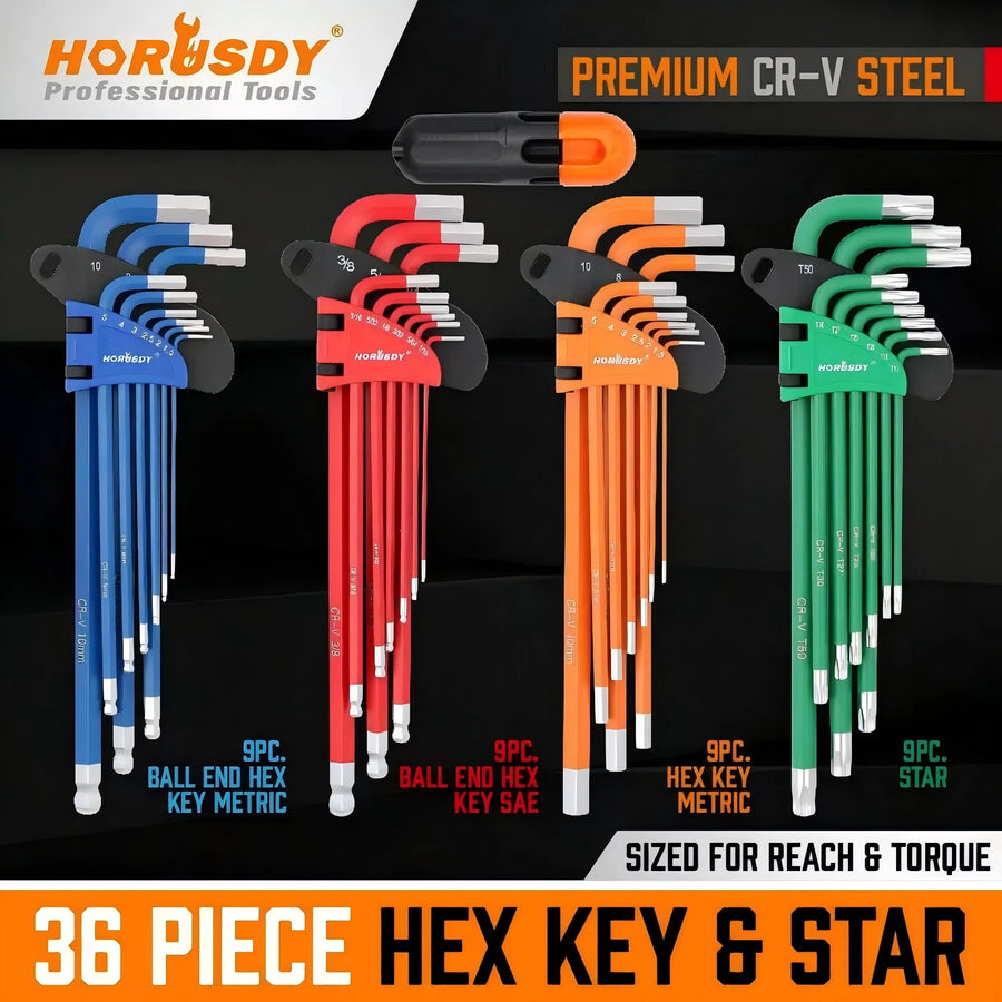 36-Piece Extra-Long SAE, Metric and Tamper-Proof Torx Key Set