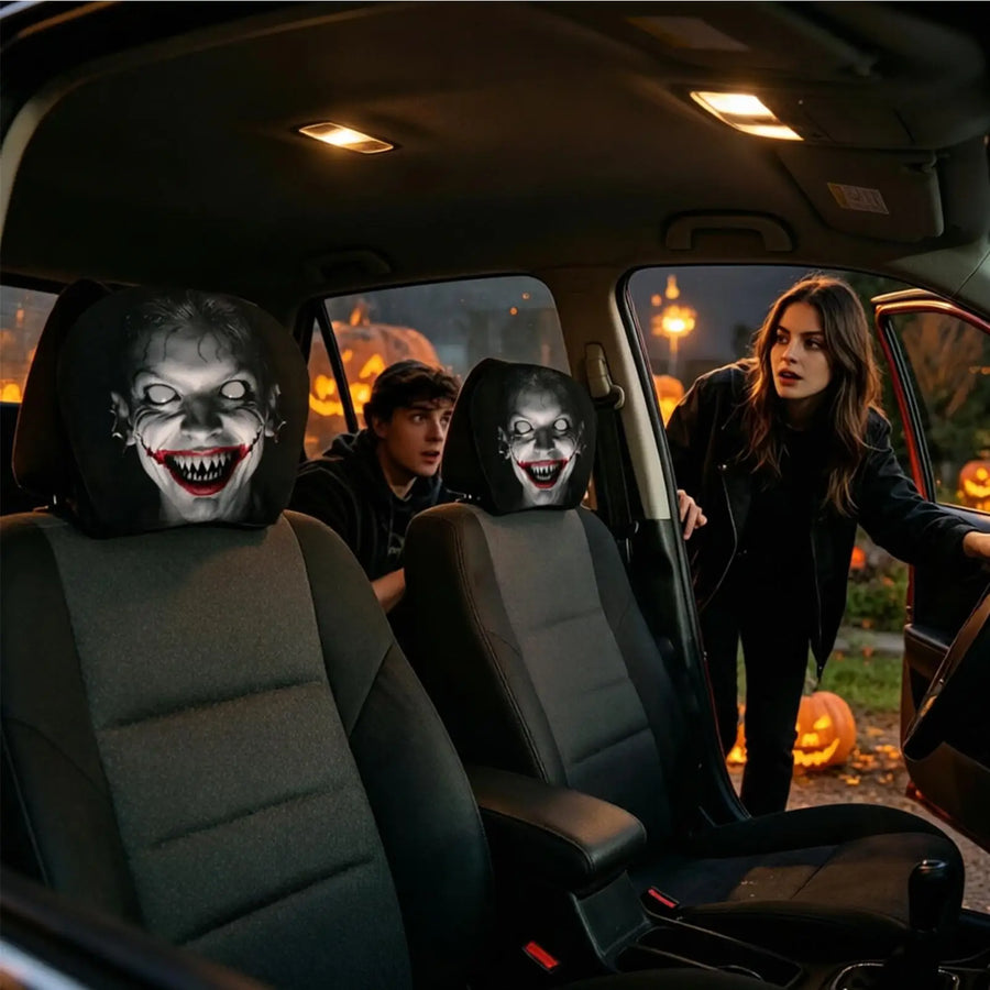 2-Piece Evil Clown Cracked Print Car Headrest Cover Set
