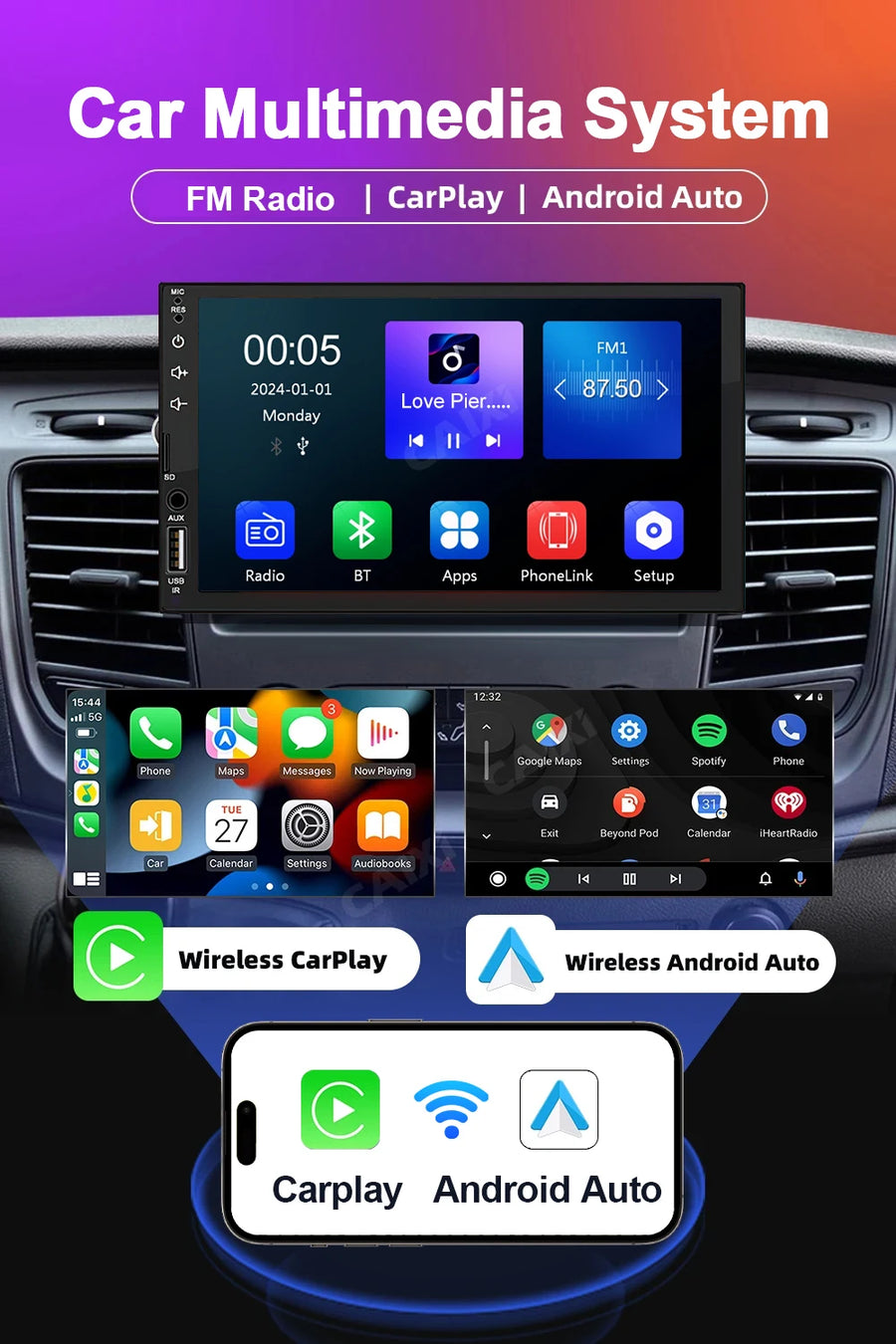 7-Inch Double-DIN CarPlay and Android Auto Touchscreen Receiver