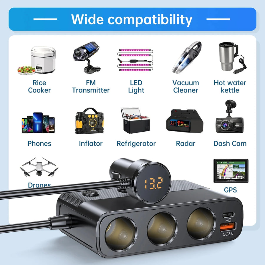 127W 7-in-1 Car Charger and 12V Socket Splitter