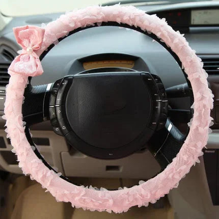 Pink Lace Car Interior Accessories Set With Steering Wheel Cover