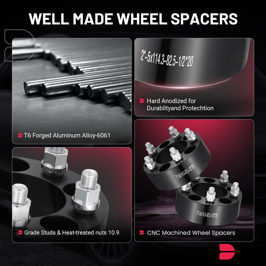 2-Inch 5x114.3 Wheel Spacer/Adapter Set – 82.5mm Bore, 1/2-20 Studs