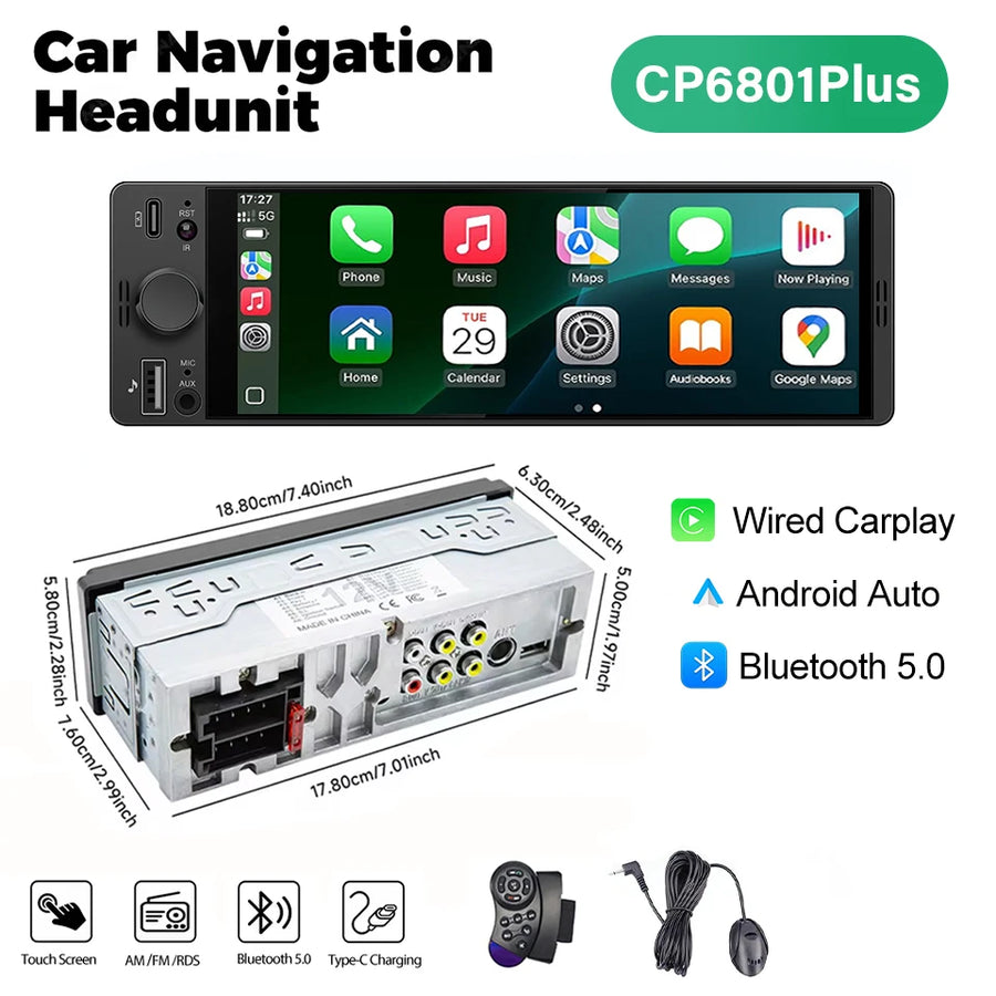 6.86-Inch 1-DIN Wireless CarPlay and Android Auto Car Stereo with USB