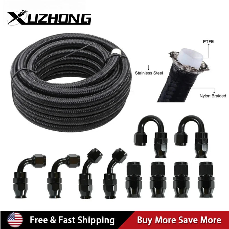 Nylon PTFE Fuel Line Kit Universal 30FT AN8 AN10 with 10-Piece 0 45 90 180 Degree Fittings Hose for