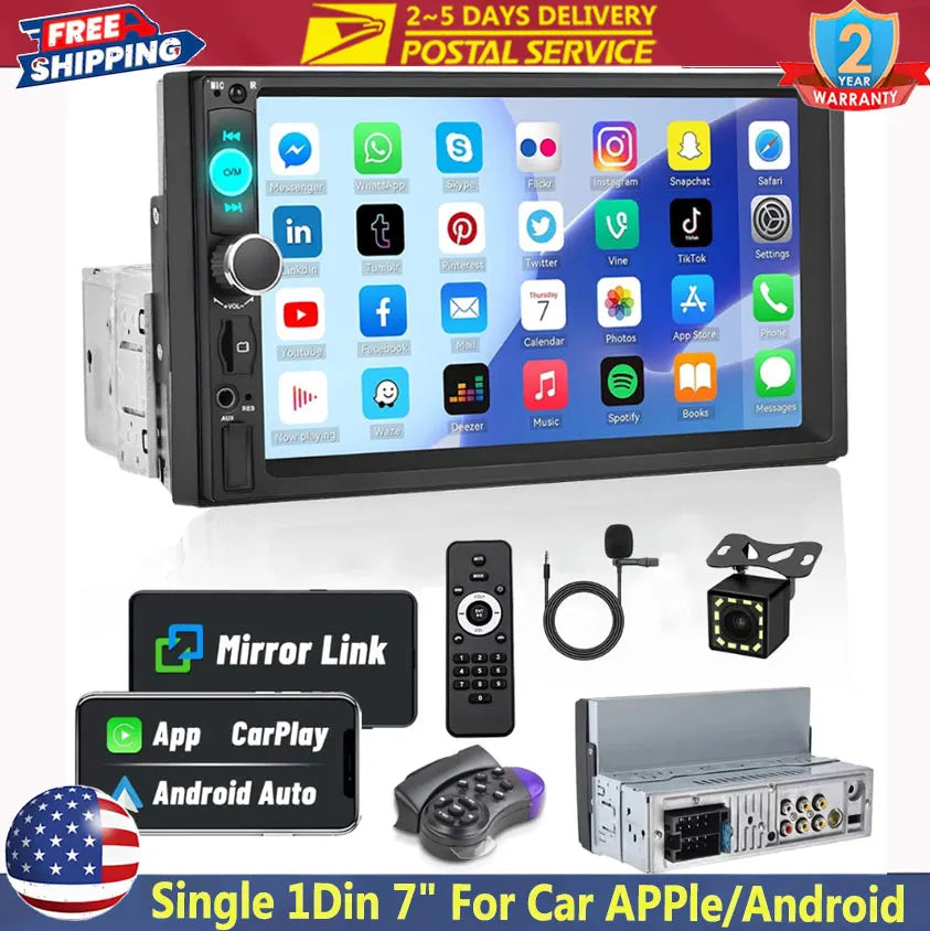 7 in Single-DIN MP5 Receiver with Wired CarPlay/Android Auto & Camera