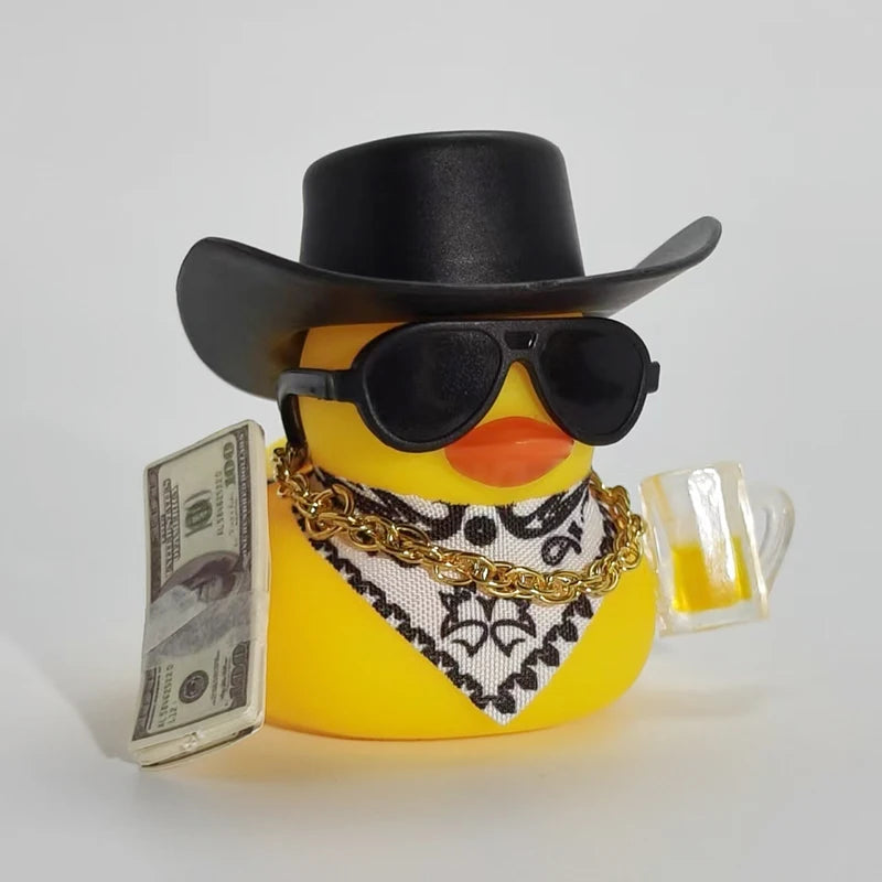 Cool Black Yellow Rich Duck Car Dashboard Decoration Ornaments with Weapon Cowboy Hat Scarf