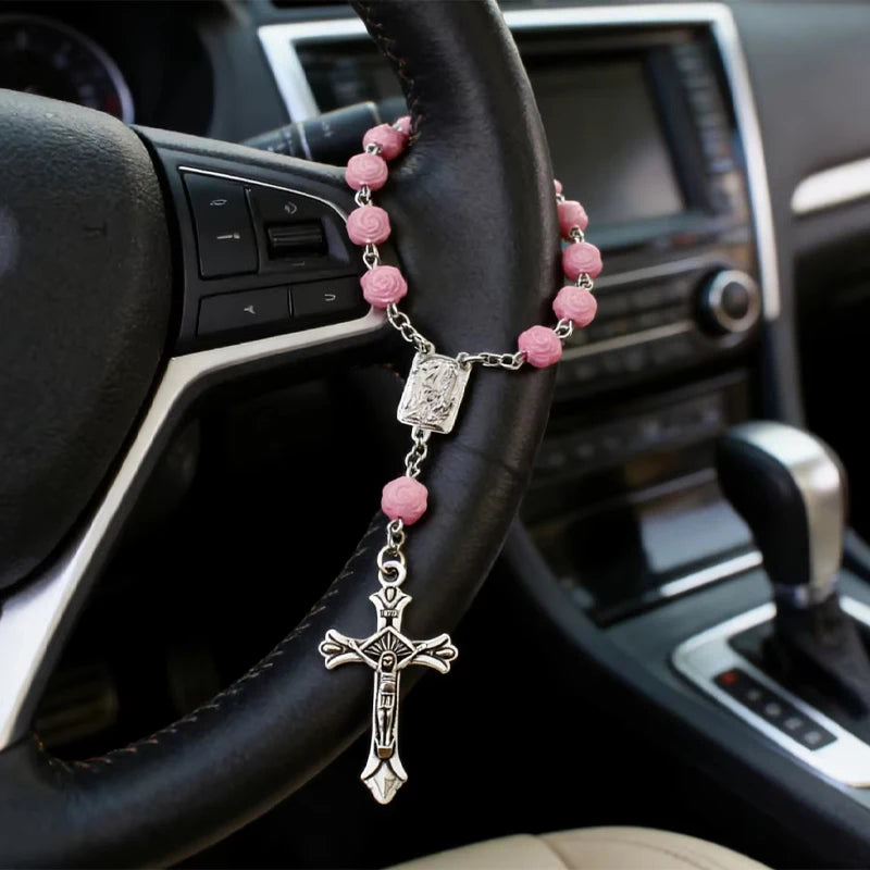 Pink Rose Bead Catholic Rosary Rearview Mirror Hanging Ornament