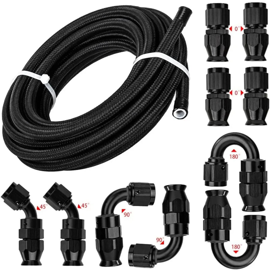 Nylon PTFE Fuel Line Kit Universal 30FT AN8 AN10 with 10-Piece 0 45 90 180 Degree Fittings Hose for