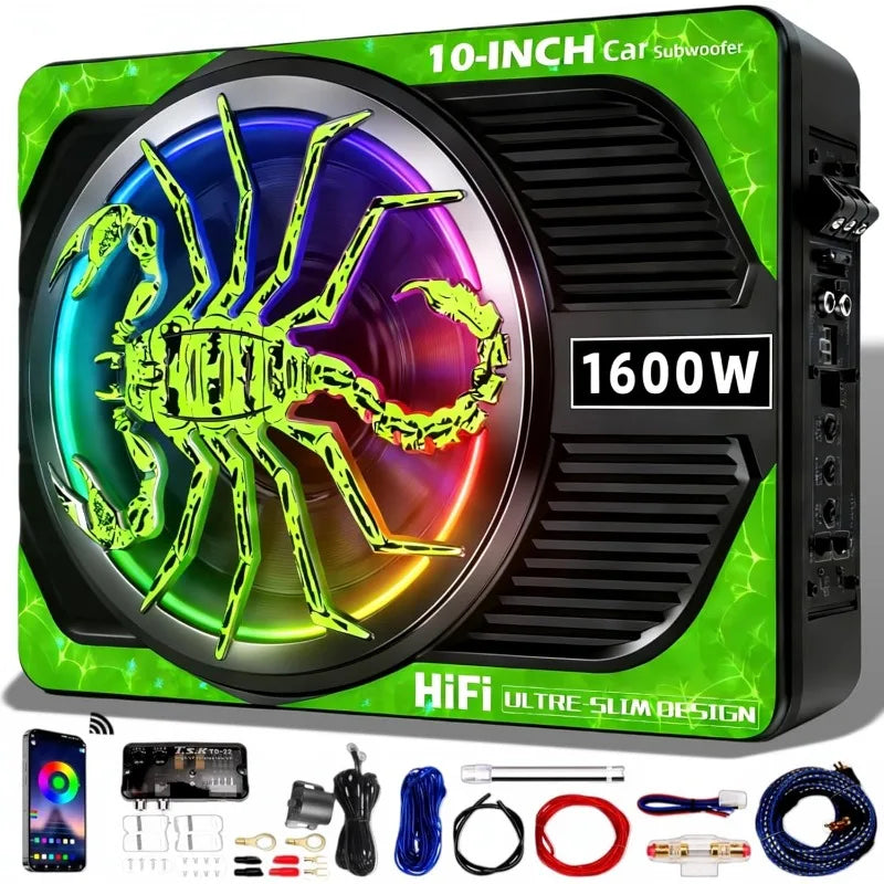 10-Inch Powered Under-Seat Car Subwoofer with LED Lighting