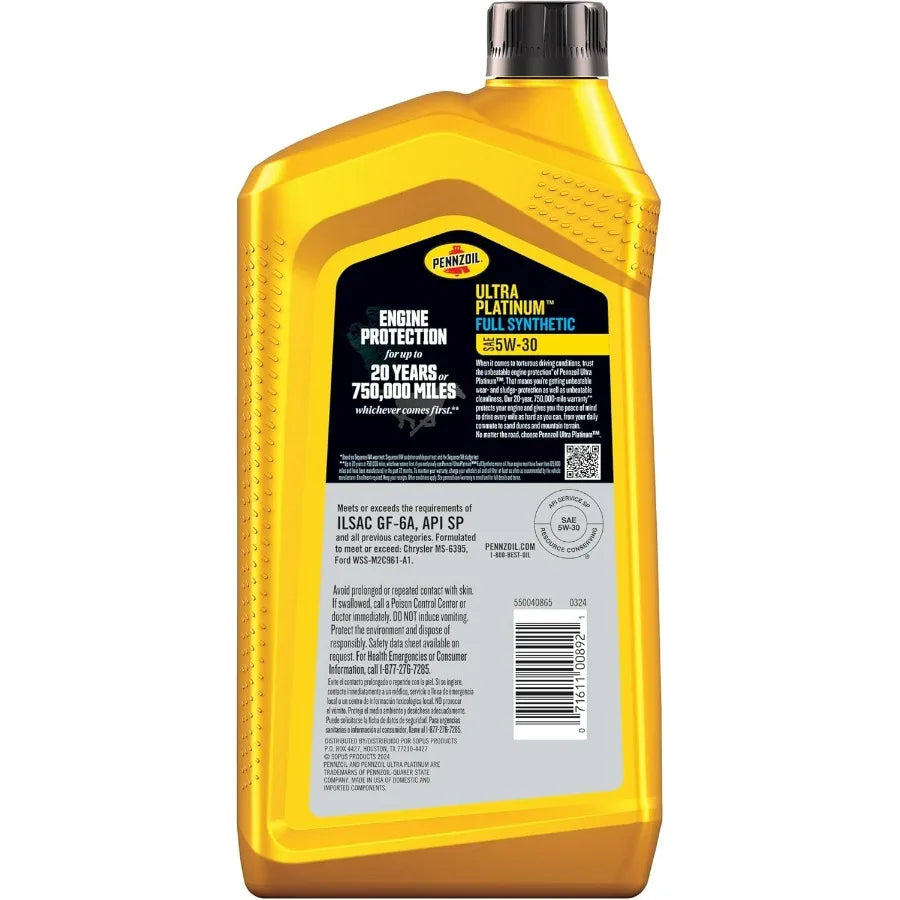 Pennzoil Ultra Platinum Full Synthetic 5W-30 Motor Oil, 1 Quart Case of 6