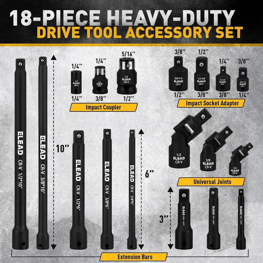18-Piece Impact Socket Extension Bar, Adapter and Universal Joint Set