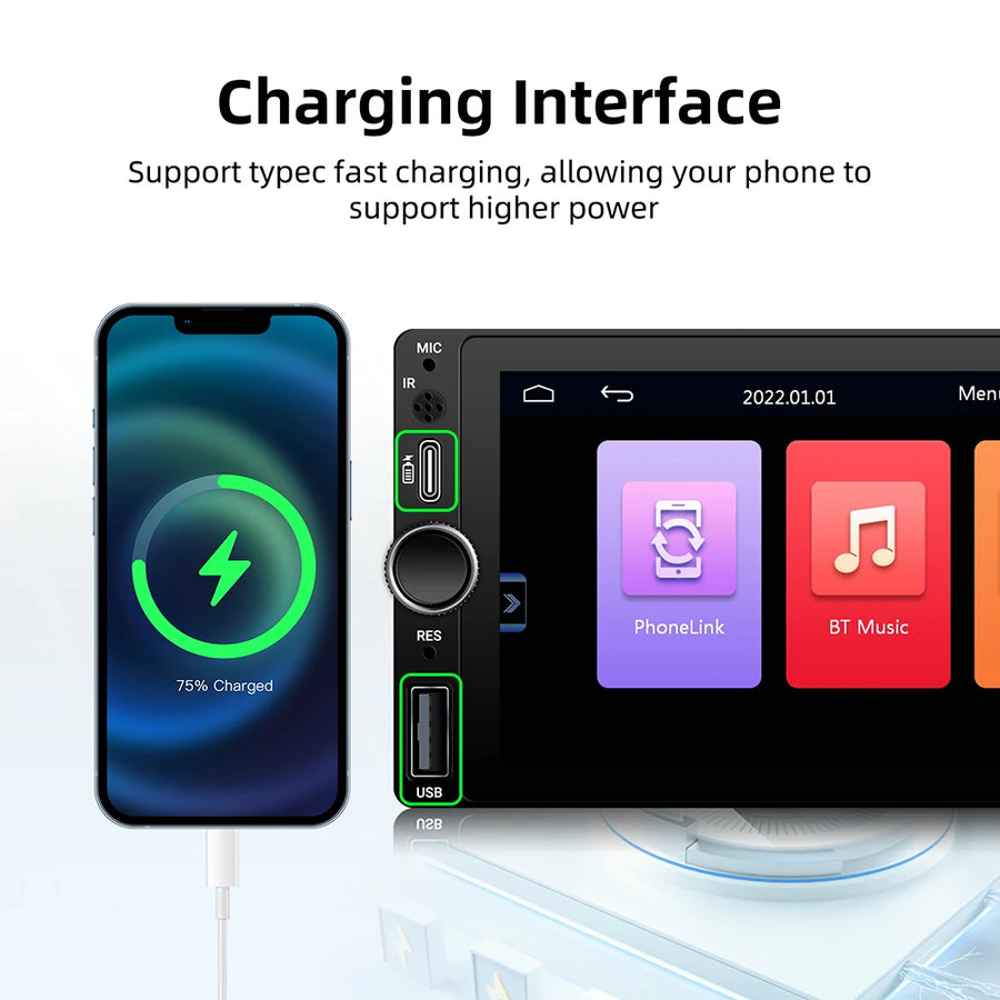 6.86-Inch 1-DIN Wireless CarPlay and Android Auto Car Stereo with USB