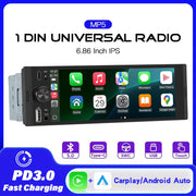 6.86-Inch 1-DIN Wireless CarPlay and Android Auto Car Stereo with USB