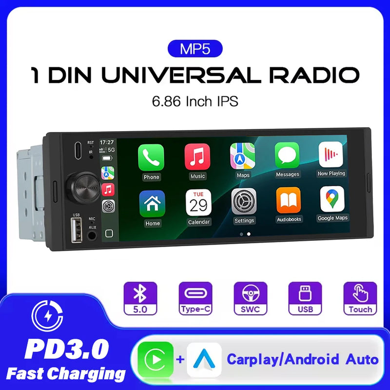 6.86-Inch 1-DIN Wireless CarPlay and Android Auto Car Stereo with USB