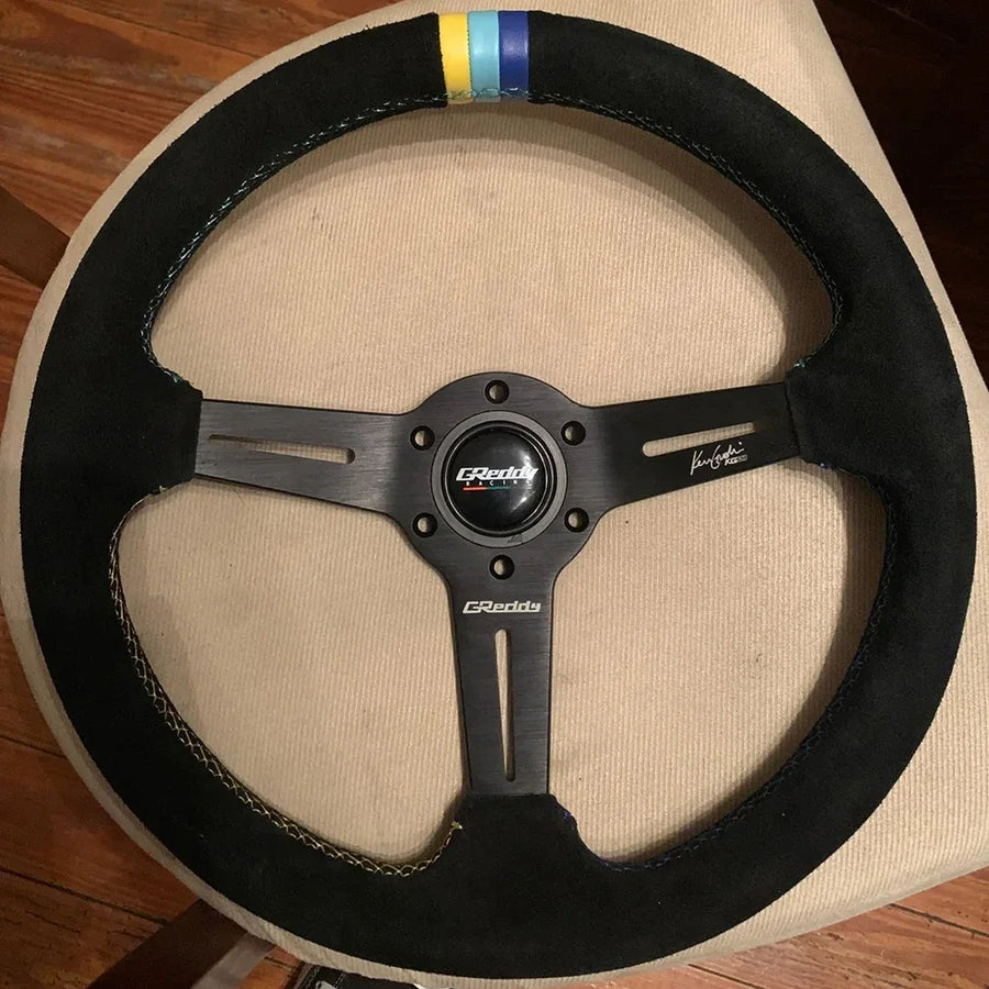 GReddy-Style 350 mm Suede & Leather Steering Wheel – Tri-Color Stitch
