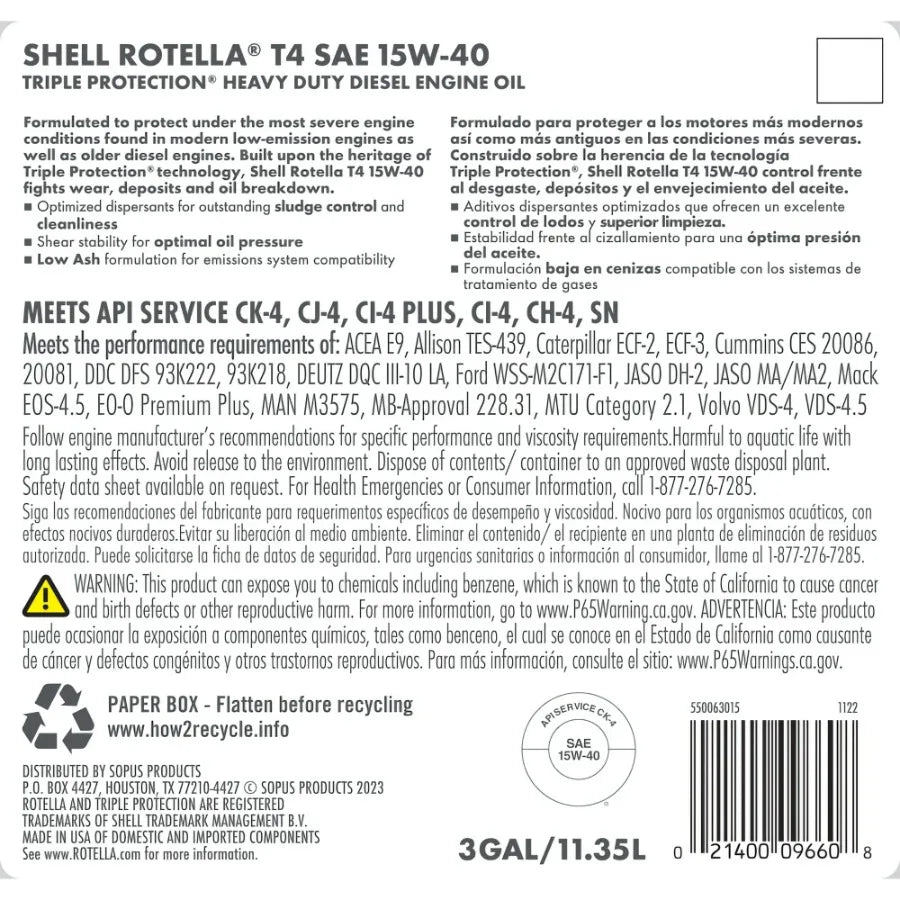 Shell Rotella T4 Triple Protection 15W-40 Diesel Engine Oil, 3 Gallon