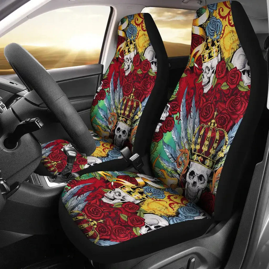 2-Piece Sugar Skull Day of the Dead Front Car Seat Cover Set