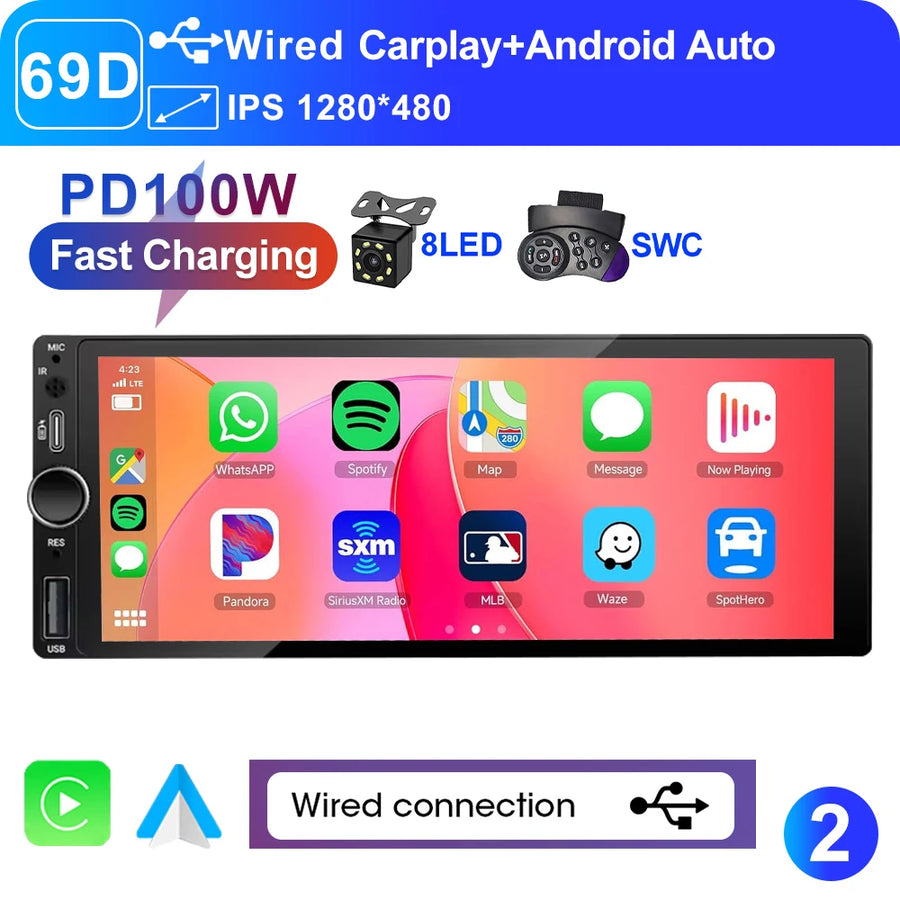 6.9-Inch 1-DIN Wireless CarPlay and Android Auto Car Stereo