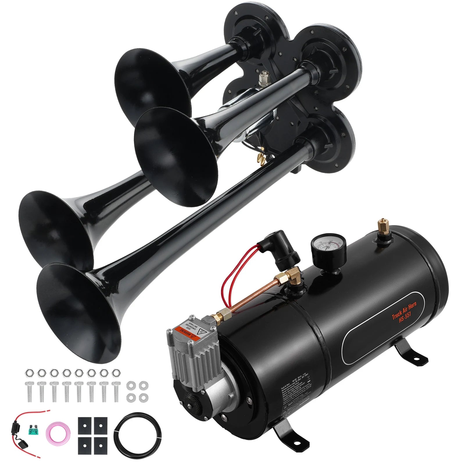 12V Four-Trumpet Air Horn Kit with 0.8 gal Tank & Compressor