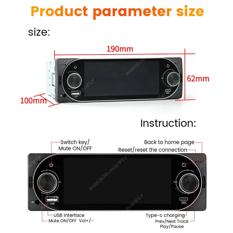 5.2-Inch 1-DIN Bluetooth Touchscreen Car Stereo