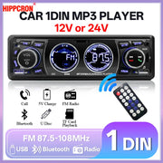 1-DIN Bluetooth Car Stereo for 12V and 24V Vehicles
