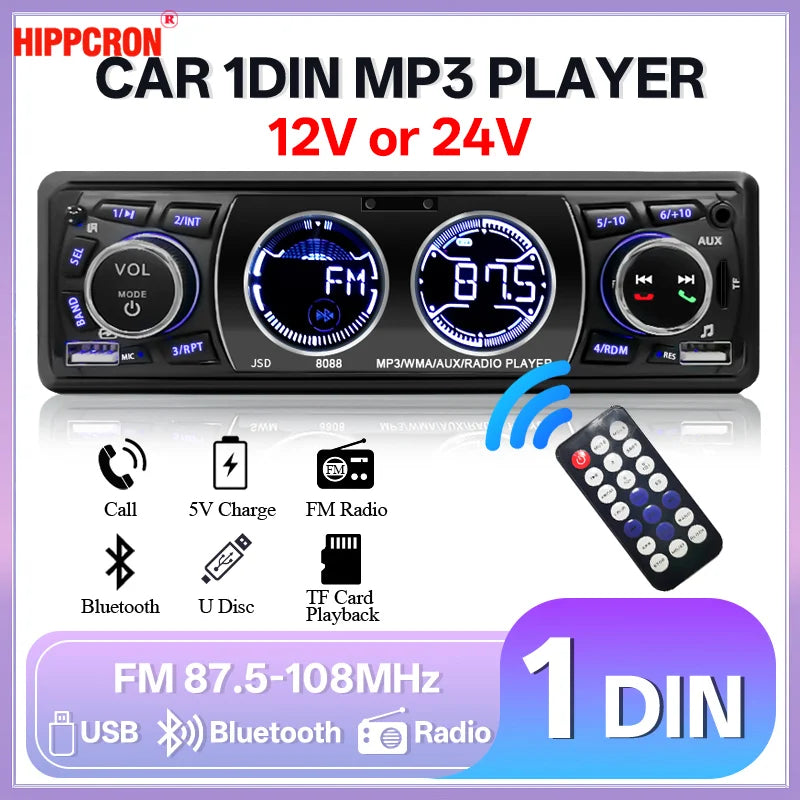 1-DIN Bluetooth Car Stereo for 12V and 24V Vehicles