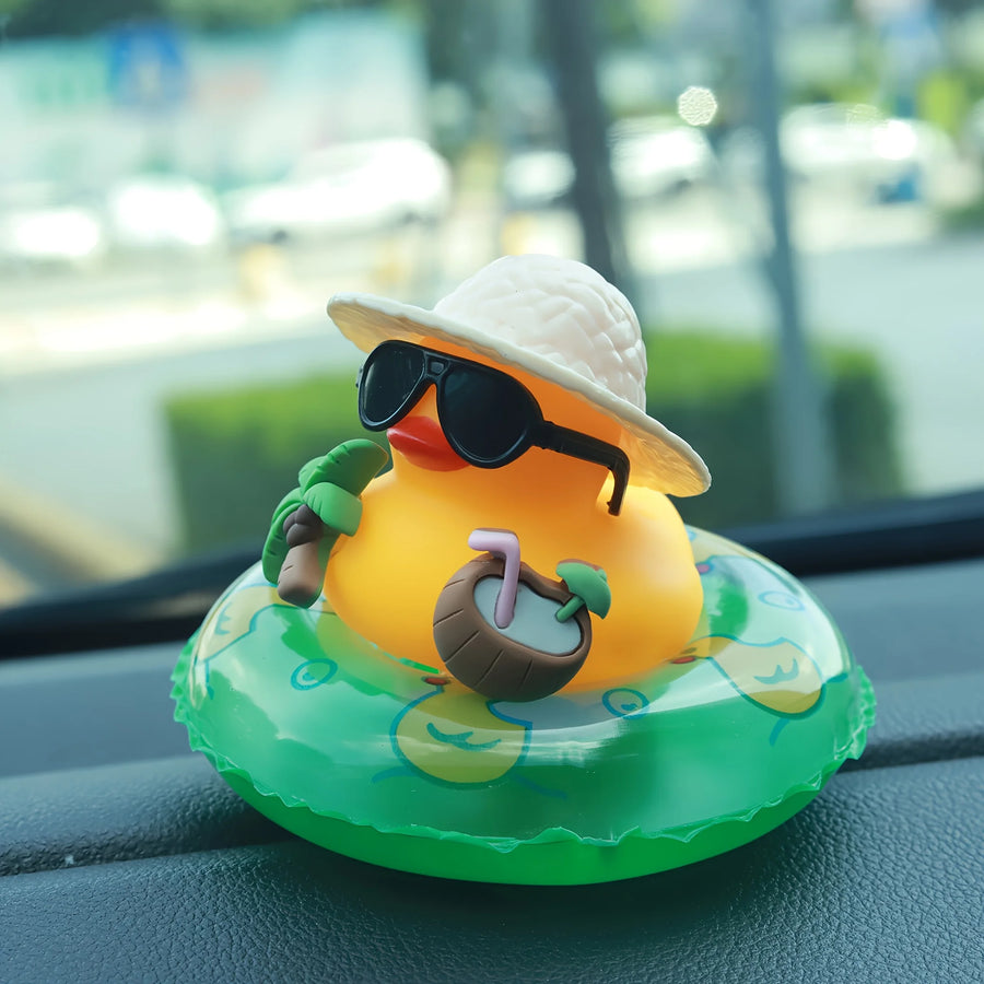 Tropical Rubber Duck Car Ornament Funny Beach Duck with Sunglasses Coconut Float Car Interior