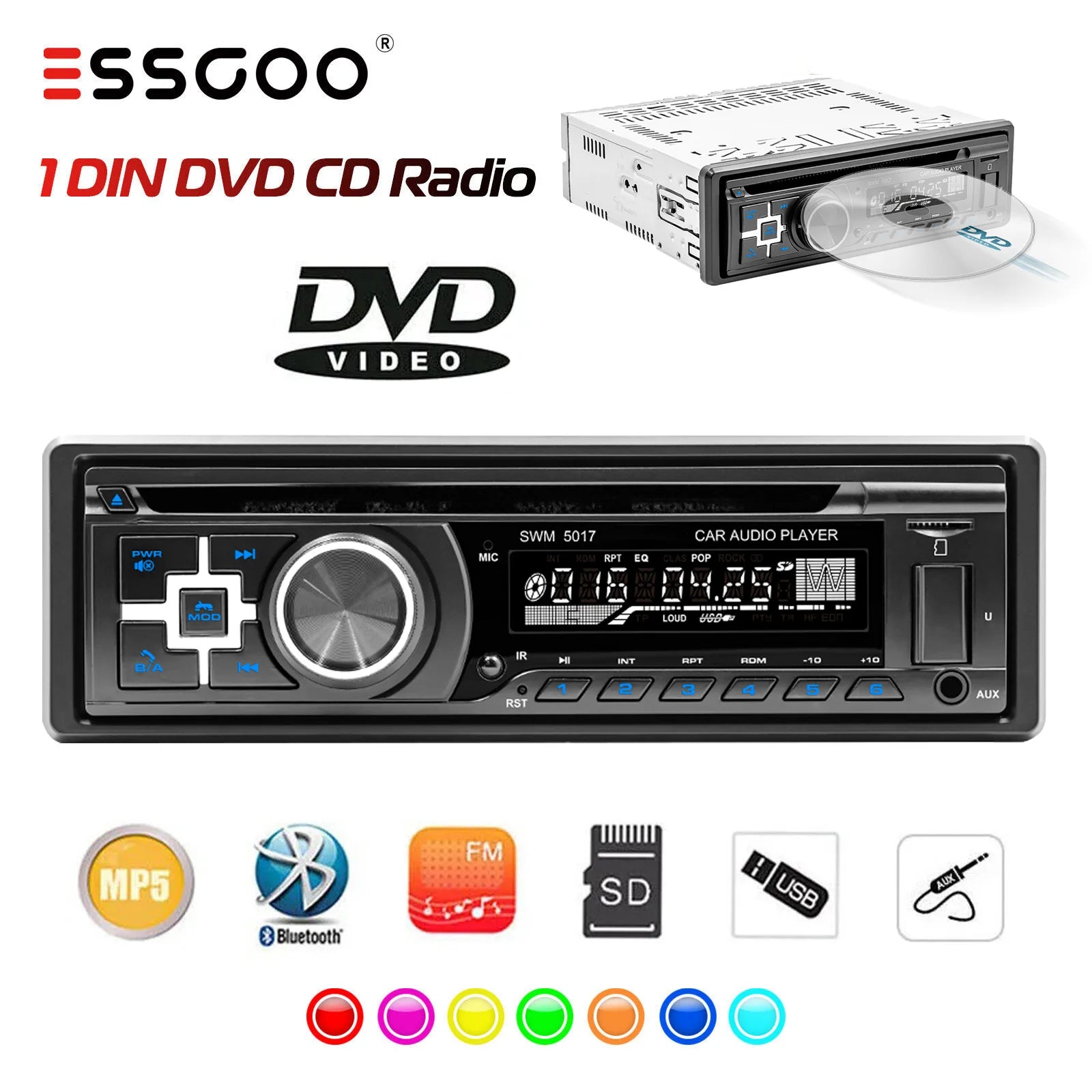 1-DIN CD/DVD Bluetooth Car Stereo with FM, USB, SD and AUX