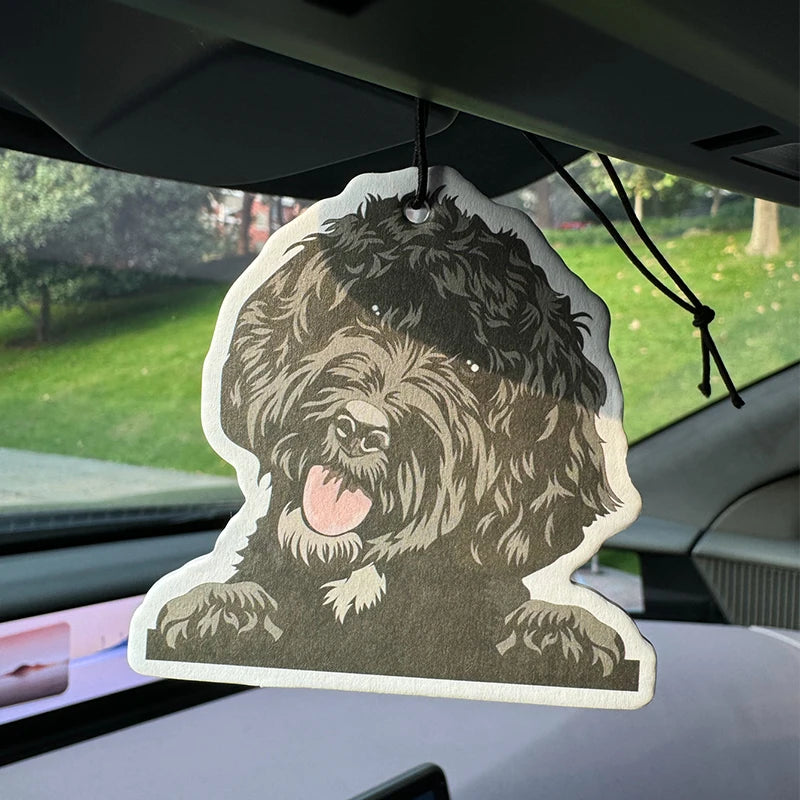 Hand-drawn style black fluffy Labradoodle/Portuguese Water Dog Hanging Car Air Freshener