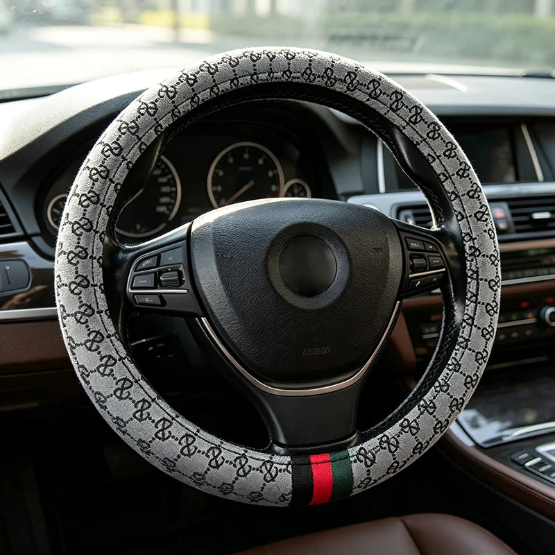 Designer Monogram Steering Wheel Cover With Classic Tricolor Stripe – 37–38 cm