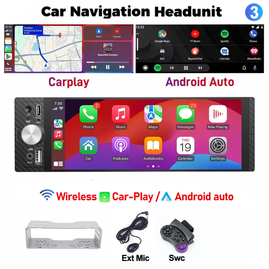 6.86-Inch IPS 1-DIN Wireless CarPlay and Android Auto Car Stereo