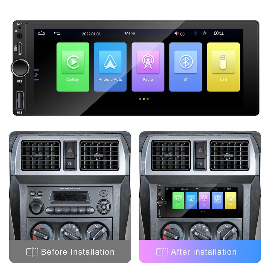6.86-Inch 1-DIN Wireless CarPlay and Android Auto Car Stereo
