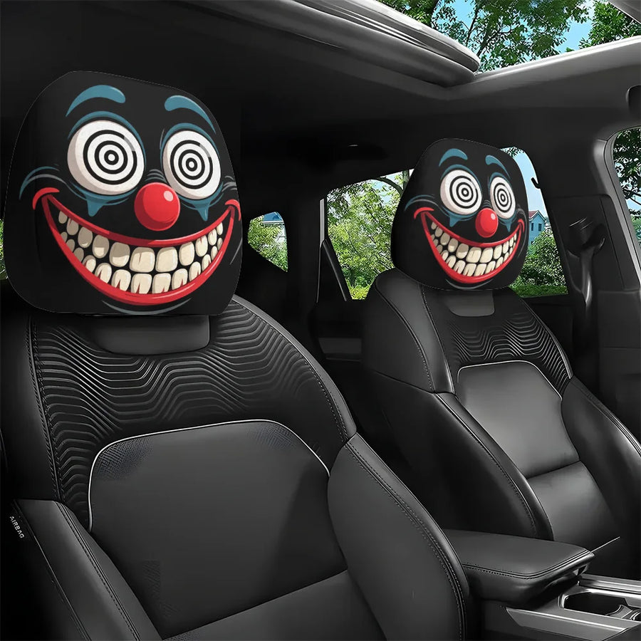 2-Piece Scary Clown Face Car Headrest Covers – Stain-Resistant Interior Decor