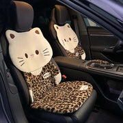 Fun Leopard Print Cartoon Cat Plush Car Seat Covers Set Soft Breathable Rabbit Fur Material