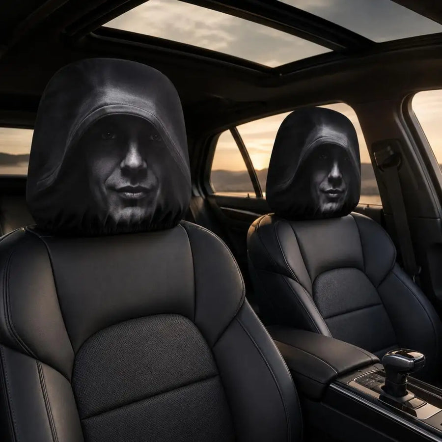 2-Piece Mysterious Hooded Face Car Headrest Covers – Universal Black Interior Decor