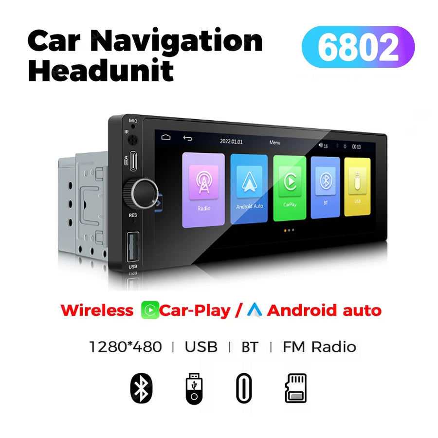 6.86-Inch 1-DIN Wireless CarPlay and Android Auto Car Stereo with USB