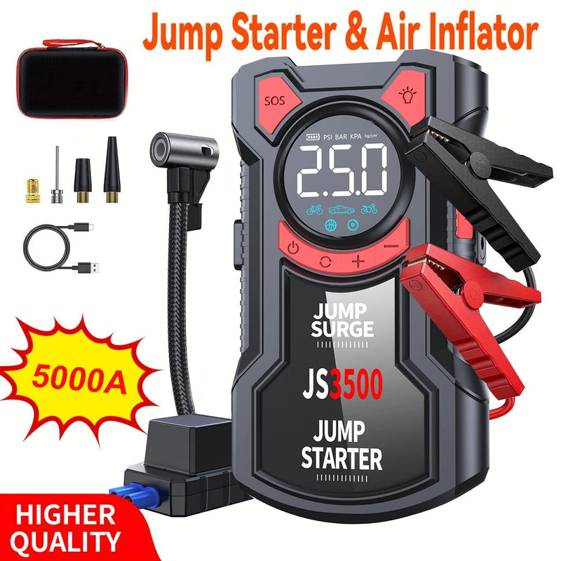 12V Car Jump Starter with Air Compressor, Power Bank and Flashlight