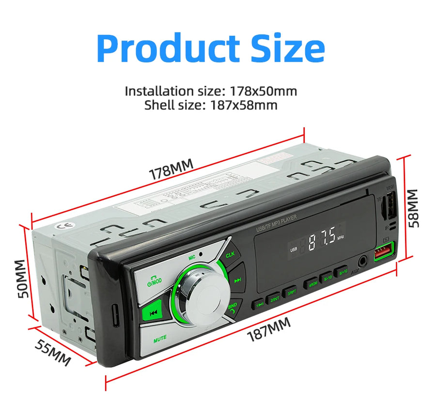 1-DIN Bluetooth MP3 Car Stereo with FM, USB, AUX and TF Card