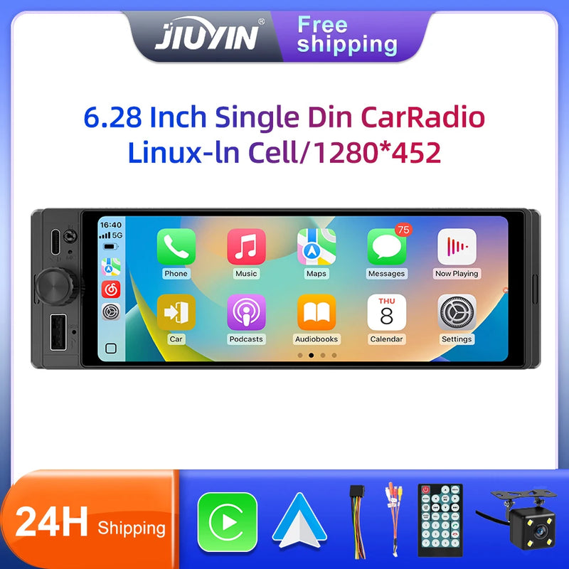 6.28-Inch 1-DIN Wireless CarPlay and Android Auto Car Stereo