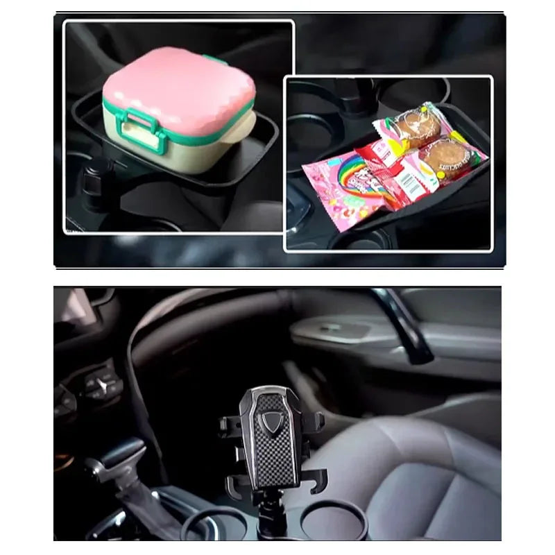 Adjustable Car Cup Holder Tray With 360° Rotating Phone Mount