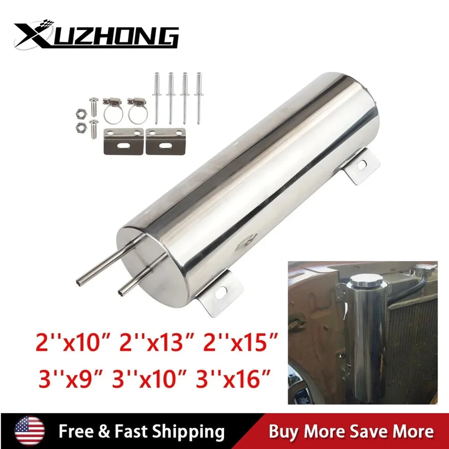 Universal Radiator Coolant Overflow Tank Polished Stainless Steel 2"x13" 3"x10" Puke Tank Can