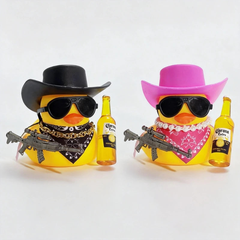 Cool Black Yellow Rich Duck Car Dashboard Decoration Ornaments with Weapon Cowboy Hat Scarf