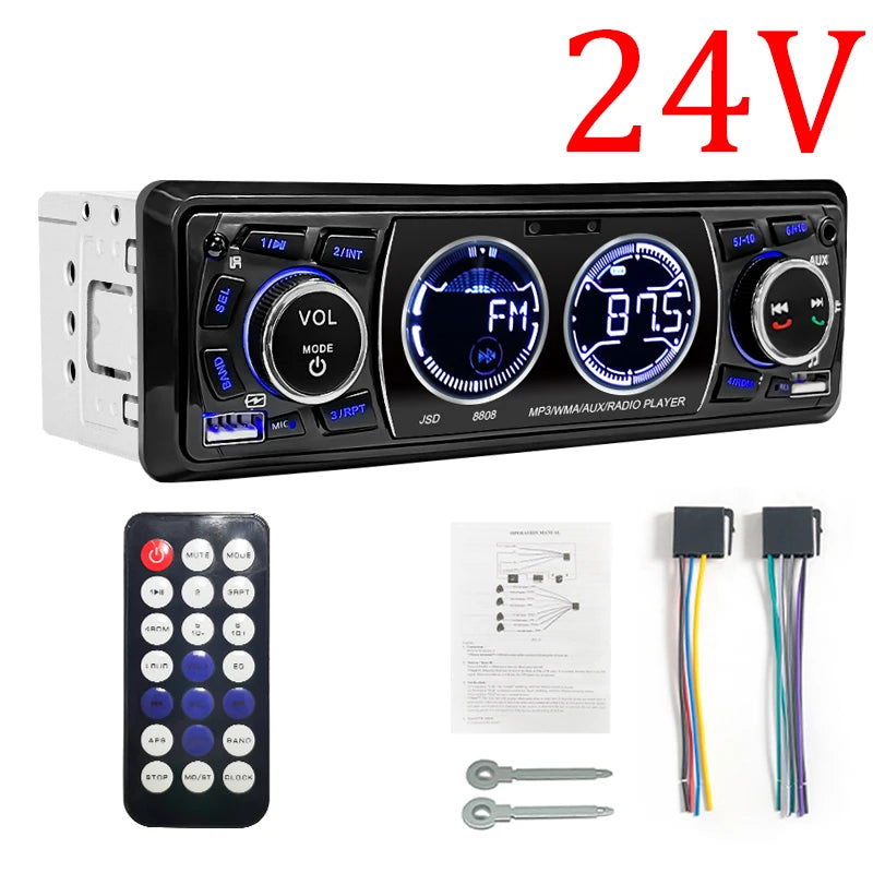 1-DIN Bluetooth Car Stereo for 12V and 24V Vehicles