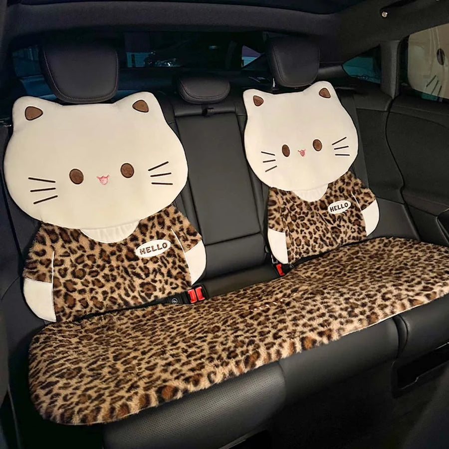 Fun Leopard Print Cartoon Cat Plush Car Seat Covers Set Soft Breathable Rabbit Fur Material