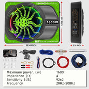 10-Inch Powered Under-Seat Car Subwoofer with LED Lighting