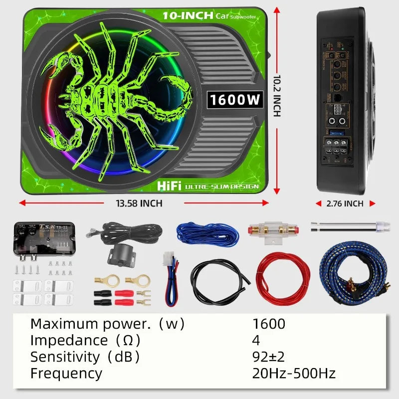 10-Inch Powered Under-Seat Car Subwoofer with LED Lighting